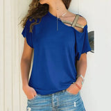 Women Skew Neck Irregular Criss Cross Blouse Patchwork Solid Tops Blusa Femme One Shoulder Summer Shirt Hollow Plus