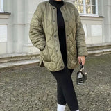 Women Fashion Patch Pockets Oversized Padded Jacket Coat Vintage Long Sleeve Button-up Female Outerwear Chic