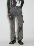 Fongt 2024 New Street Trend Removable Dark Buckle Design Sense Irregular Jeans High Waist Show Slim Trousers-Outfit