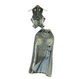 Fongt Water Wash To Make The Old Hanging Neck Sleeveless Collar Collar With Denim Top Two Sets Of Fork Repair Skirts