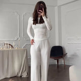 Fongt Summer New Women's Round Neck Solid Color Wide Leg Pants Temperament Commut Fashion Set