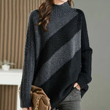 Diamonds Knitted Sweaters Autumn Winter Korean Loose Women's Clothing Long Sleeve Casual Basic Half High Collar Jumpers-Outfit