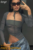Top Long Sleeve T Shirt Women Crop Top Square Neck T-shirts Summer Clothing Solid Streetwear Tops Tees See Through Mesh