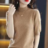 Fongt And Summer Loose And Versatile Wool Knit Short Sleeve Women Plus-Size Round-Neck Solid Color Bottom Knit T-Shirt Thin-Outfit