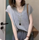 Summer New Thin Hollowed-Out V-Collar Knitted Blouse Vest Blouse-Outfit