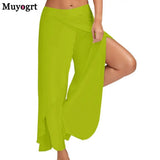 Wide Leg Pants Women Capris Solid Loose Bloomers Fitness Dance Wear Split Trousers Plus Size Pants Elastic