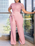 Fongt Women's Sexy Lace Lace Hollow Short-Sleeved Strap High-Waisted Broad-Legged Jump-Legged Jumpsuit