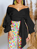 Fongt New Summer Fashion Solid-Colored Bare Shoulder Cross Strap Bubble Sleeve Sexy V-Neck Shirt African Top