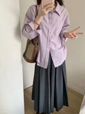 Fongt White Purple Long-Sleeved Shirt Women's Small Autumn New French-Ripen Casual Shirt Folded