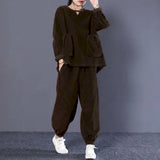 Casual Fashion Corduroy Sets Women Autumn Winter Clothes Loose Large Size Retro Big Pocket Pullover Trousers 2 Piece