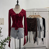 Han's New V-Neck Flower Irregular Lotus Leaf Edge Ribbon Slim Thin T-Shirt Short Top