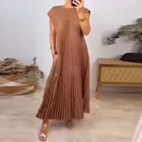 Fongt New Women's Elegant Fashion Round Collar Sleeveless Pleated Winter Dress