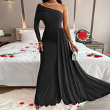 Fongt Style Women's Wear Temuebay2024 Diagonal Shoulder Dress Evening Dress-Outfit