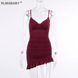 V Neck Ruched Ruffles Mini Dress Spaghetti Strap Backless High Elastic Women Bodycon Dress Elegant Club Night Party