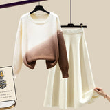 Women Autumn Winter Warm Knitted Two Pieces Sets Korean Long Sleeve Pullover Sweater Top And High Waist Knitting Skirts