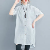 Fongt Summer New Cotton Lint Style Loose Large-Size Striped Shirt Women Long-Term Collar