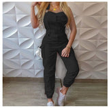 Fongt Women's Work-Packed Pocket Design Jumpsuit Sleeveless Backs And Trousers Simple Restraints Trousers +