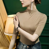 Modal Tshirt Top Women Half Sleeve Turtleneck T-shirts Tees Girl Solid Slim Basic Undershirt T shirt-Outfit
