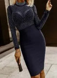 Women's Black Mesh Hot Drill Tight Dress-No Inside Match-LZS3350 / GCL3350-Outfit