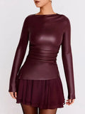 Faux Leather Long Sleeve Ruched Top-Outfit