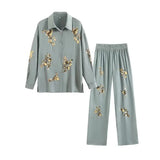 Fongt Women's Shirt Fashion Trend Set Glitch With Long-Sleeved Casual Women's Shirt + High-Waisted Straight Trousers