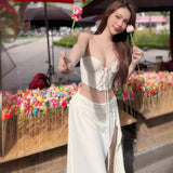 Fongt Summer New Sexy Crop Wrapped Chest Strap Vest Pleated Low Waist Slit Skirt