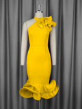 Fongt Half-High Collar Lotus Leaf-Side Dress Sided Shoulder Lotus Hem Banquet Evening Dress Dresses