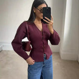 Fongt Women's INS Explosion V-Neck Long Sleeves Simple Knitted Set