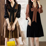 Korean V-Neck Bow Midi Dress Female Clothing Casual Patchwork Spring Autumn Elegant Loose Commute Long Sleeve Dresses-Outfit