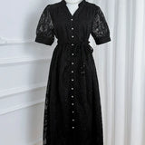 Fongt High-End Temperament Dress 2025 Summer Fashion Strap To Waist Single Buckle Embroidery Mesh Long Dress Woman