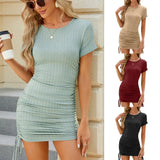 Summer New Short Sleeve Side Draw Rope Slim Wrap Hip Dress Women-Outfit