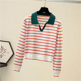 v-neck pullover polo sweater women's early autumn all-match tops long-sleeved knitted bottoming sweaters jumpers-Outfit