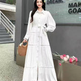Fongt High-End Retro Collar Single Buckle Lantern Sleeve Dress Women's Hollow Lace To Receive Long Waist Skirt