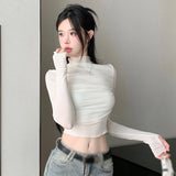 Retro Shirt Solid Color Pleated Design Simple Korean Version Fashion Hot Girl Long Sleeve Autumn Half Turtleneck-Outfit