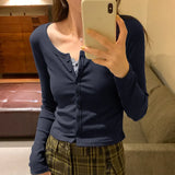 Short-Shouldered Long-Sleeved T-Shirt Women's New Autumn Cardigan Slim And Thin Round-Neck Bottomed Blouse-Outfit