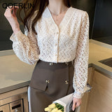Elegant Tops Shirt Women Korean Style V-Neck Lantern Sleeve Embroidered Lace Mesh Blouse Plus Size 2021 Spring