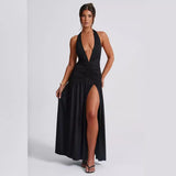 Fongt Ins Dress Spring And Summer Sexy Hot Girl Tie V Neck Tie Open Back Slit Stylish Temperament