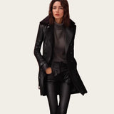Fongt Women's Coat British Windy Thick Collar Long Leather Locomotive Leather Jacket Jacket Woman