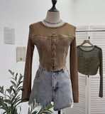 Real Shooting Denim Splicing Mesh Design Long-Sleeved T-Shirt Wearing Rope Tie Short Repair Body Coat