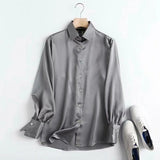 Women High Quality Green Satin Shirts Long Sleeve Solid Turn Down Collar Elegant Office Ladies Work Wear Blouses