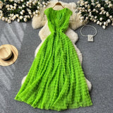 Fongt Famous French High-End Women V Lead Heavy Industry Folding Net Yarn Waist Fluffy Cake Dress Dress