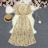 Fongt Wind Temperament Sweet Broken Flower V Collar Dress Beach Vacation Snow Spinning A Word Long Skirt-Outfit