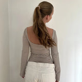 Fongt Low Round Collar Sexy Back Striped T Shirt Women's Slim Knit Long Sleeve Bottom Top-Outfit