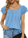 Double-layer Lace Short Sleeve Blouse Square Collar Elegant Women Shirt 2023 Sweet Women Clothing Solid Loose Tops
