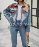 The Ins New 2023 Ladies Early Spring Geometric Woolen Denim Stitching Button Lapel Short Coat-Outfit