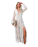Fongt New Women's Lace Long-Sleeved V-Neck Solid Chiffon Summer Dress