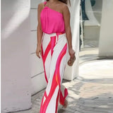 Fongt 2023 New Fashion Sexy Strap Striped Print Wide Leg Pants Suit-Outfit