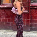 Retro midi dress sleeveless backless Spaghetti Straps beach long dress Vintage bohemian black red rose floral dress