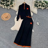 Fongt Simple Wind Bumpy Striped Knitted Sister Set With Long-Sleeved Sweater + High Waist Long Body Skirt Winter