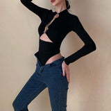 Bodysuit y2k Clothes Bandage Sexy Solid Color Long Sleeve Slim Hollow Out Romper with Metal Ring for Spring Fall